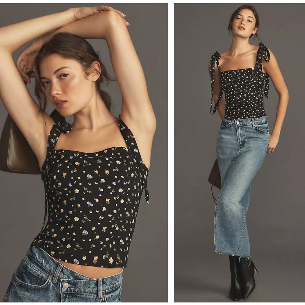 REFORMATION Ellora Tie Strap Smocked Tank Top Black Floral Sz 8 {3Q53}